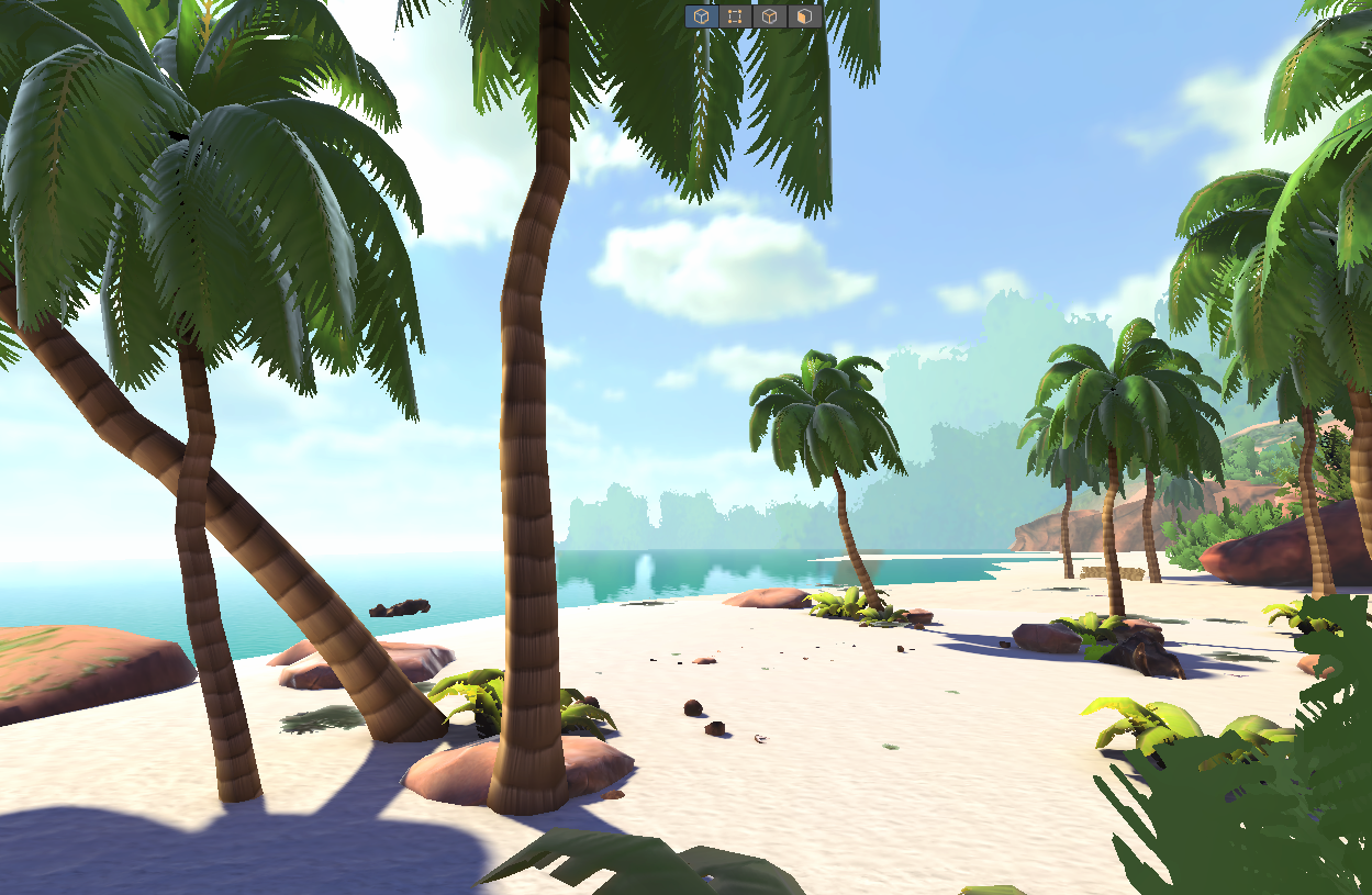Beach VR scene - first person view between palm trees on sandy shore